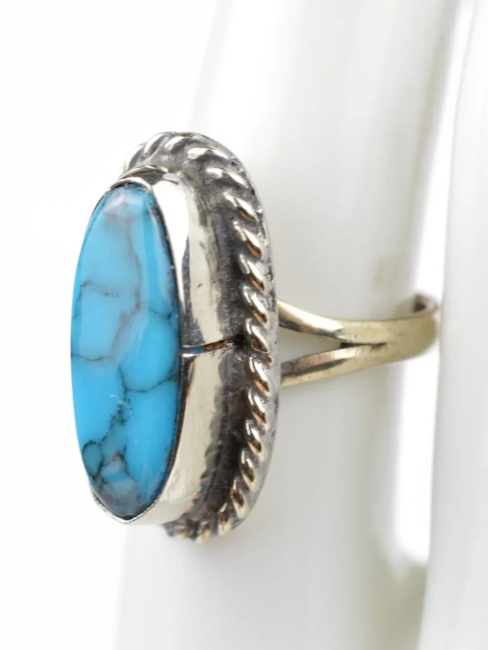 Vtg Navajo Sterling Silver Turquoise Ring Size 7 Twisted Rope Native American